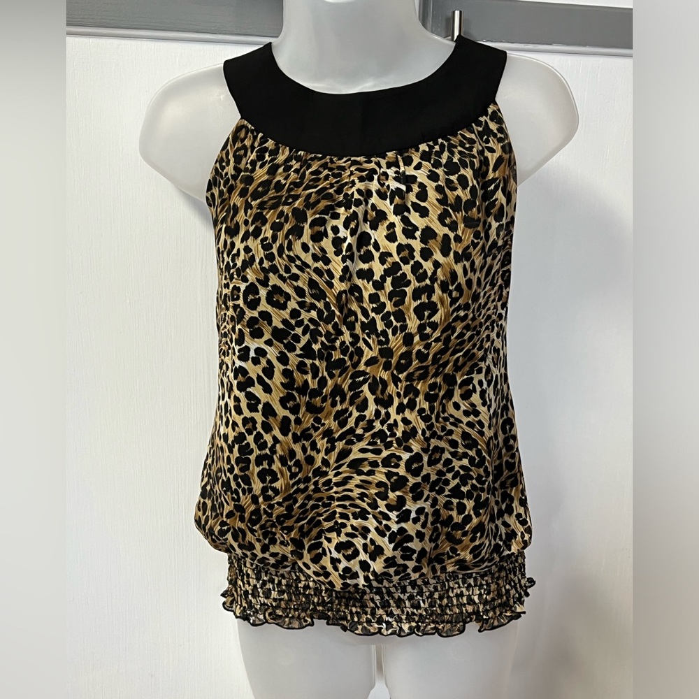 Animal Leopard cheetah print top blouse. Black edging tie at neck. Barely worn.